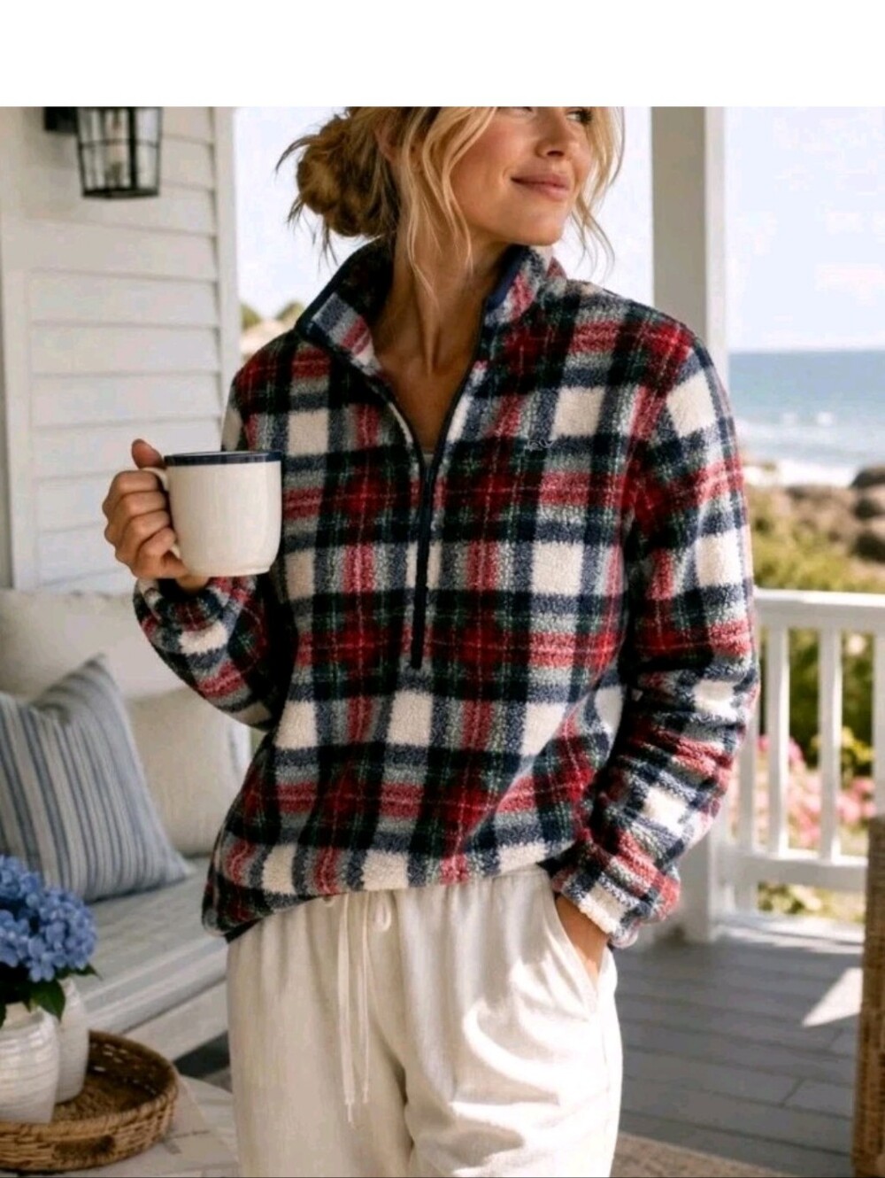 Vineyard Vines Sherpa Fleece Pullover Plaid Half Zip Women's Size Large Cozy